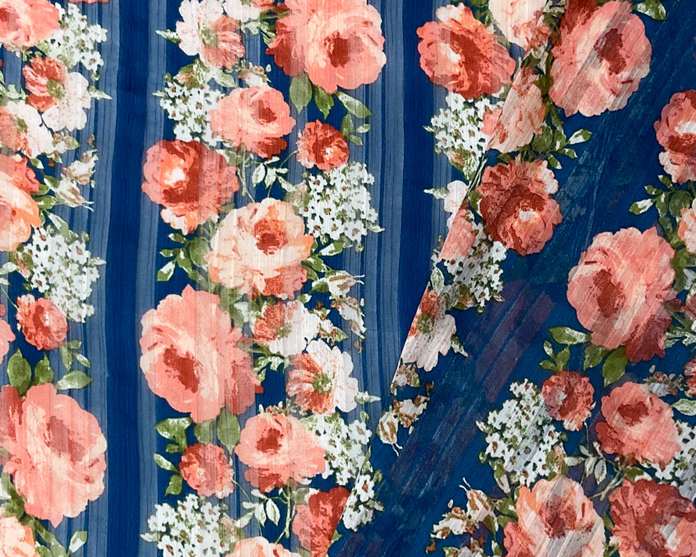 Blue-Multi Poly Floral Printed Satin Stripe Chiffon Woven Fabric - Image 2