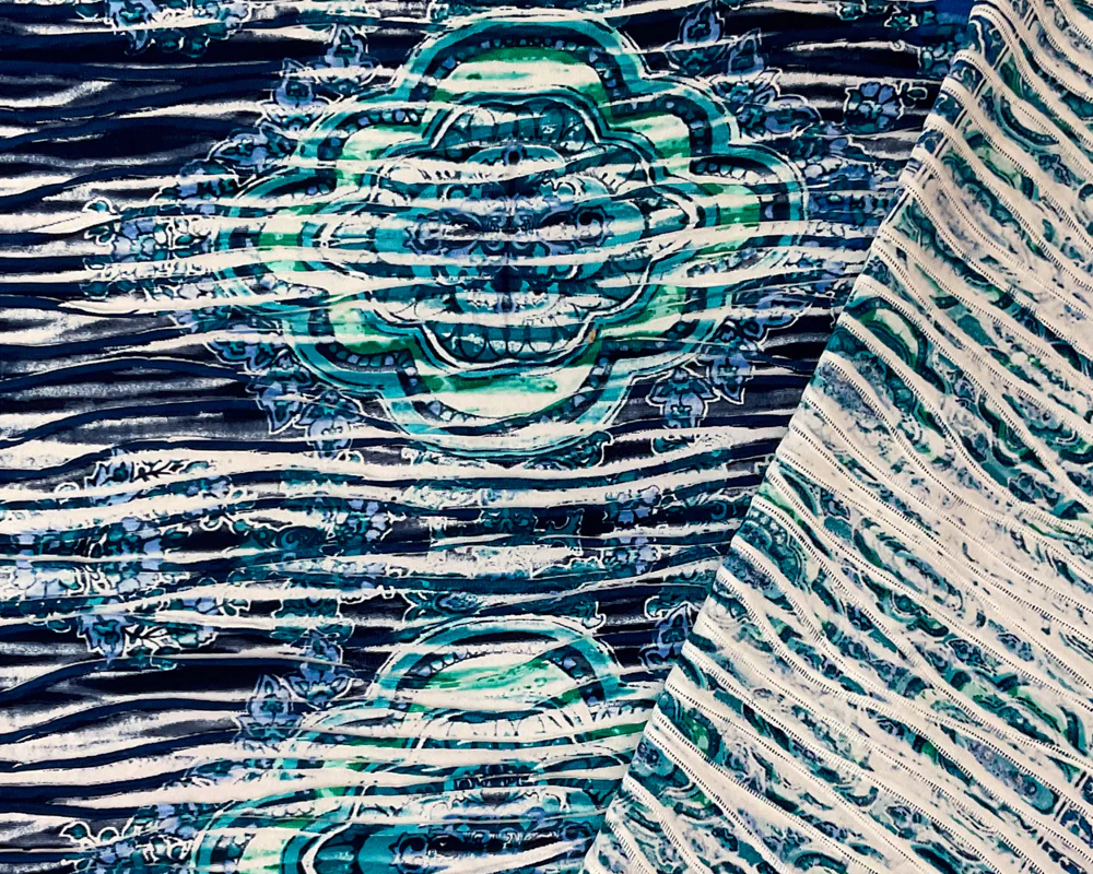 Blue-Multi Poly Medallion Border Printed Knife Pleat Knit Fabric - Image 2