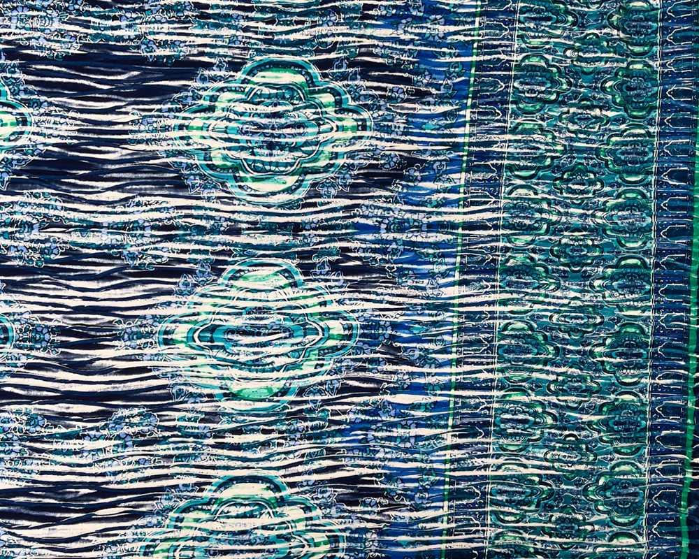 Blue-Multi Poly Medallion Border Printed Knife Pleat Knit Fabric - Image 3