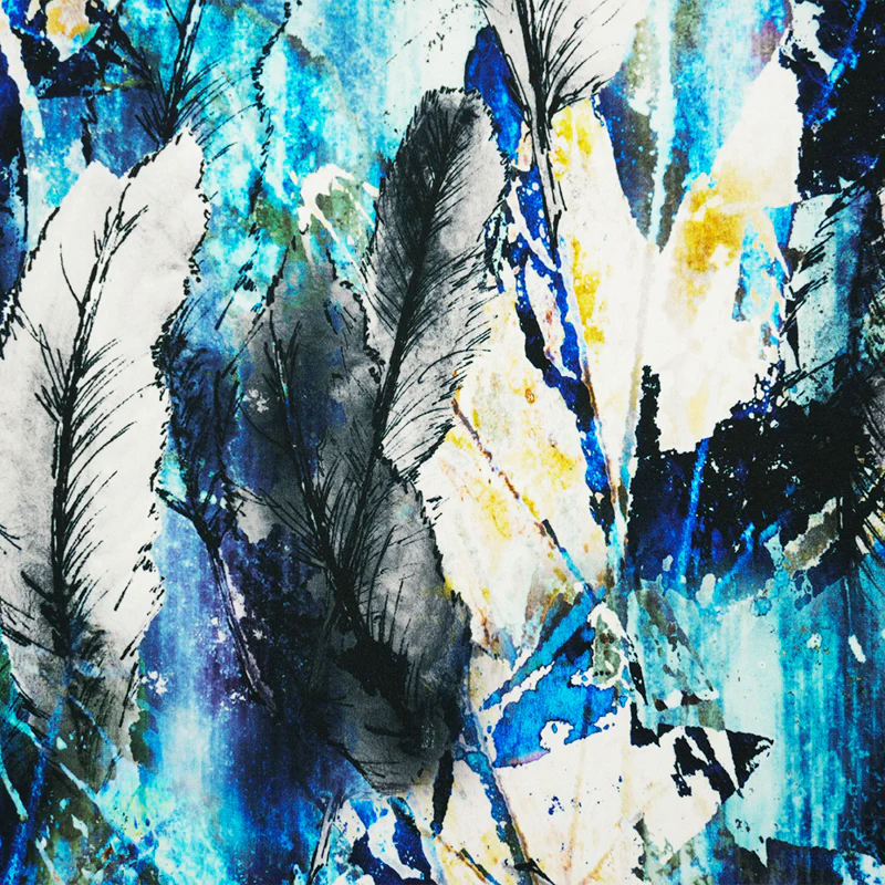 Blue-Multi Poly Stretch Feather Printed ITY Jersey Knit Fabric