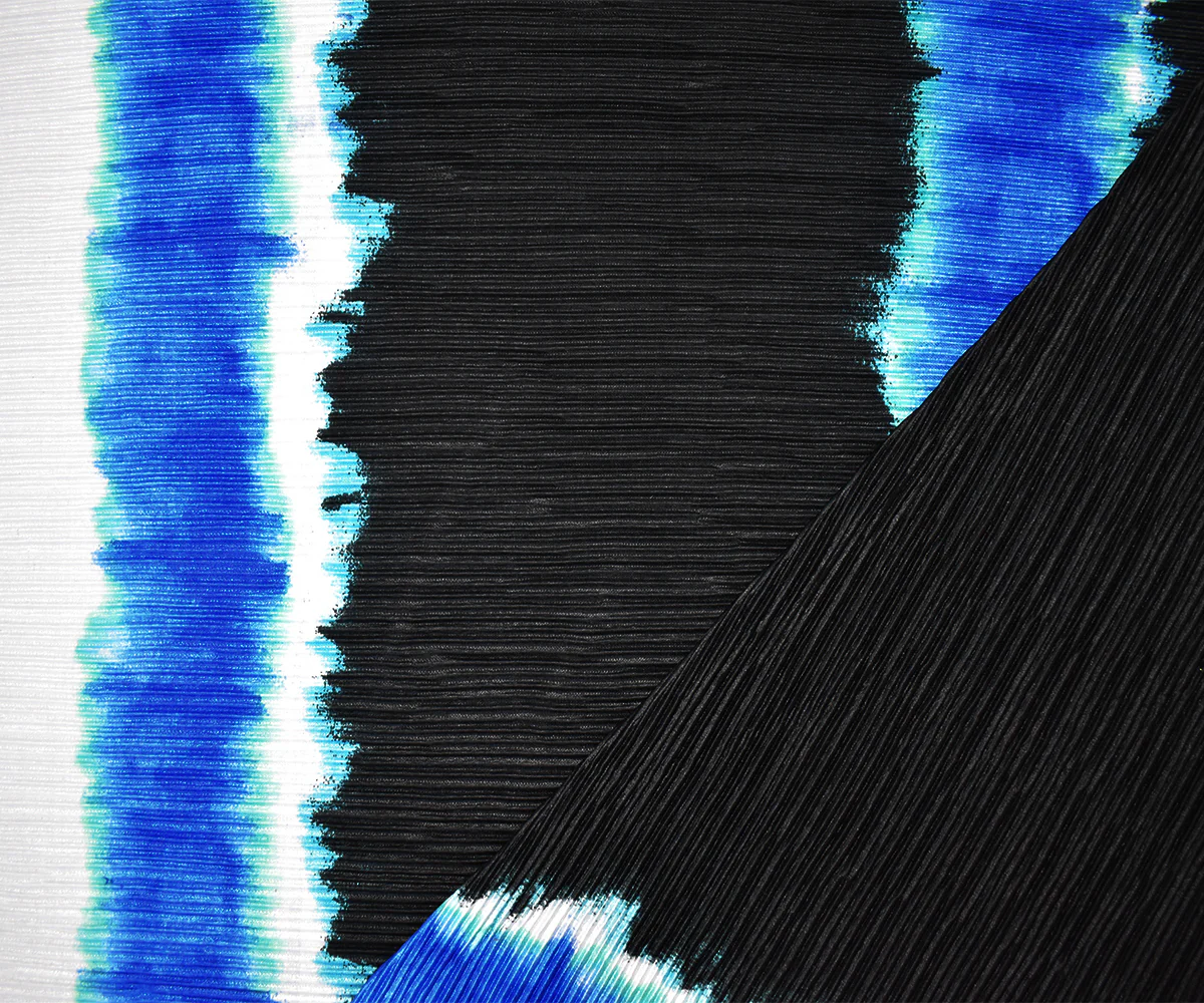 Blue-Multi Poly Stretch Spandex Tie Dye Print Pleated Interlock Knit Fabric - Image 2