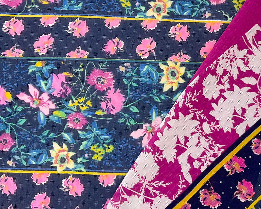 Blue-Multi Poly Stripe Floral Border Print Dobby Chiffon Woven Fabric - Image 2