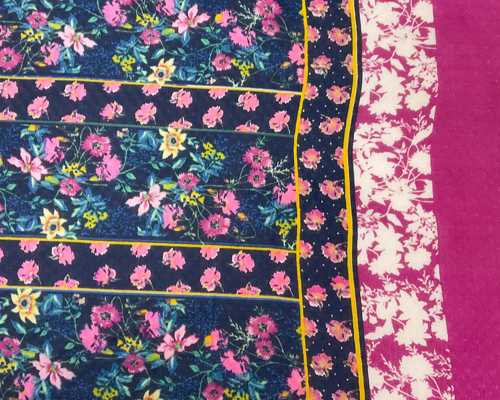 Blue-Multi Poly Stripe Floral Border Print Dobby Chiffon Woven Fabric - Image 3