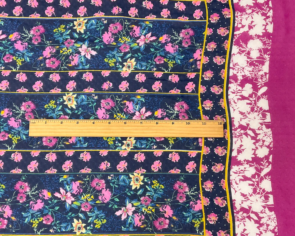Blue-Multi Poly Stripe Floral Border Print Dobby Chiffon Woven Fabric - Image 4