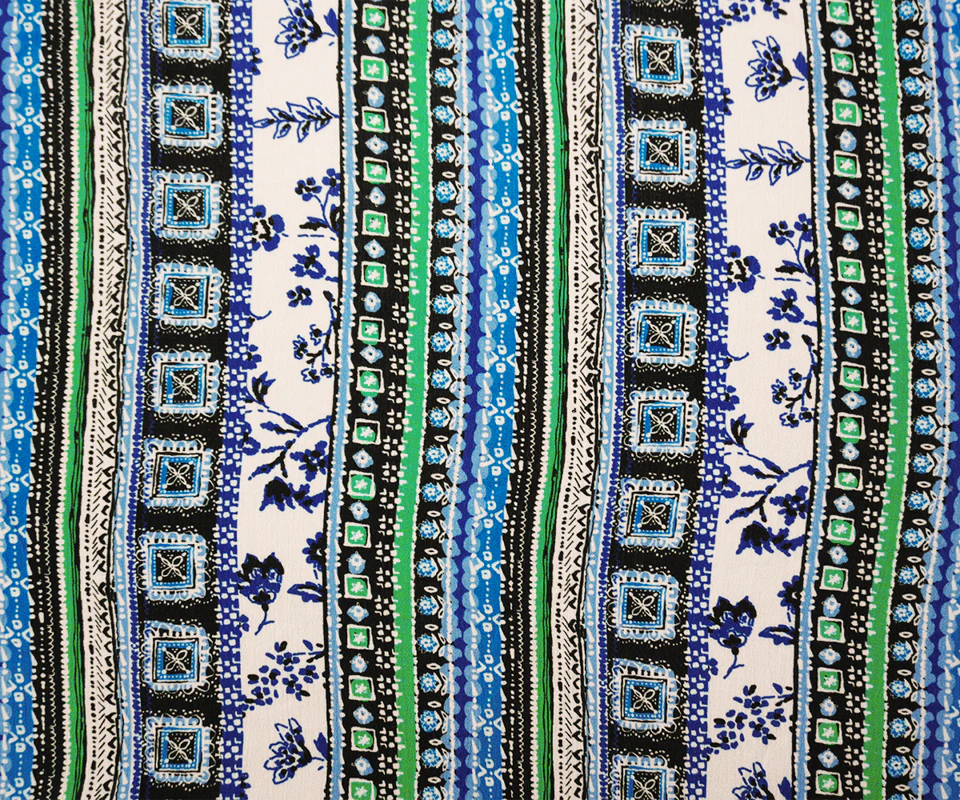 Blue-Multi Rayon-Cotton Tribal Stripe Printed Gauze Woven Fabric - Image 3