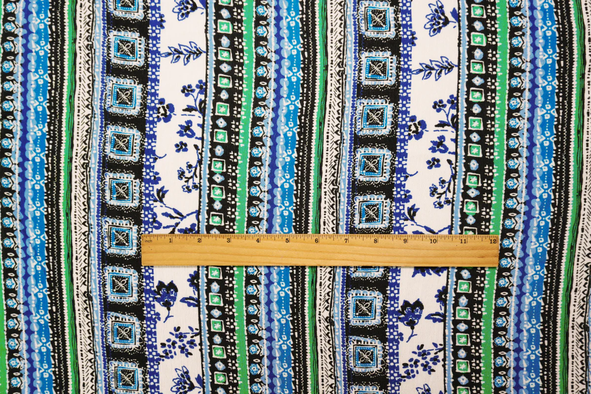 Blue-Multi Rayon-Cotton Tribal Stripe Printed Gauze Woven Fabric - Image 4