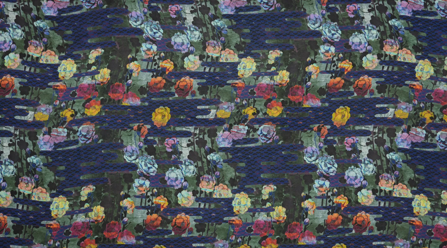 Blue-Multi Silk Abstract Floral Printed Momie Georgette Woven Fabric - Image 2