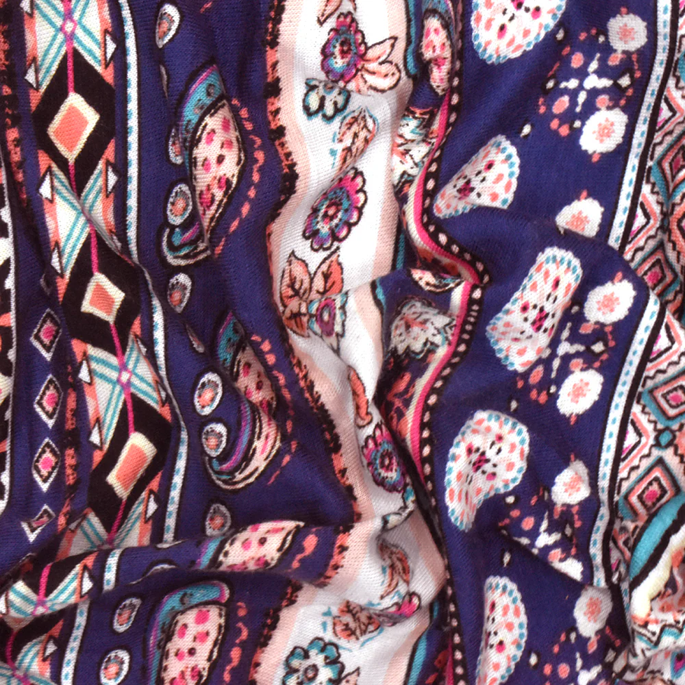 Blue-Multi Striped Floral Paisley Printed Rayon Stretch Jersey Knit Fabric - Image 3