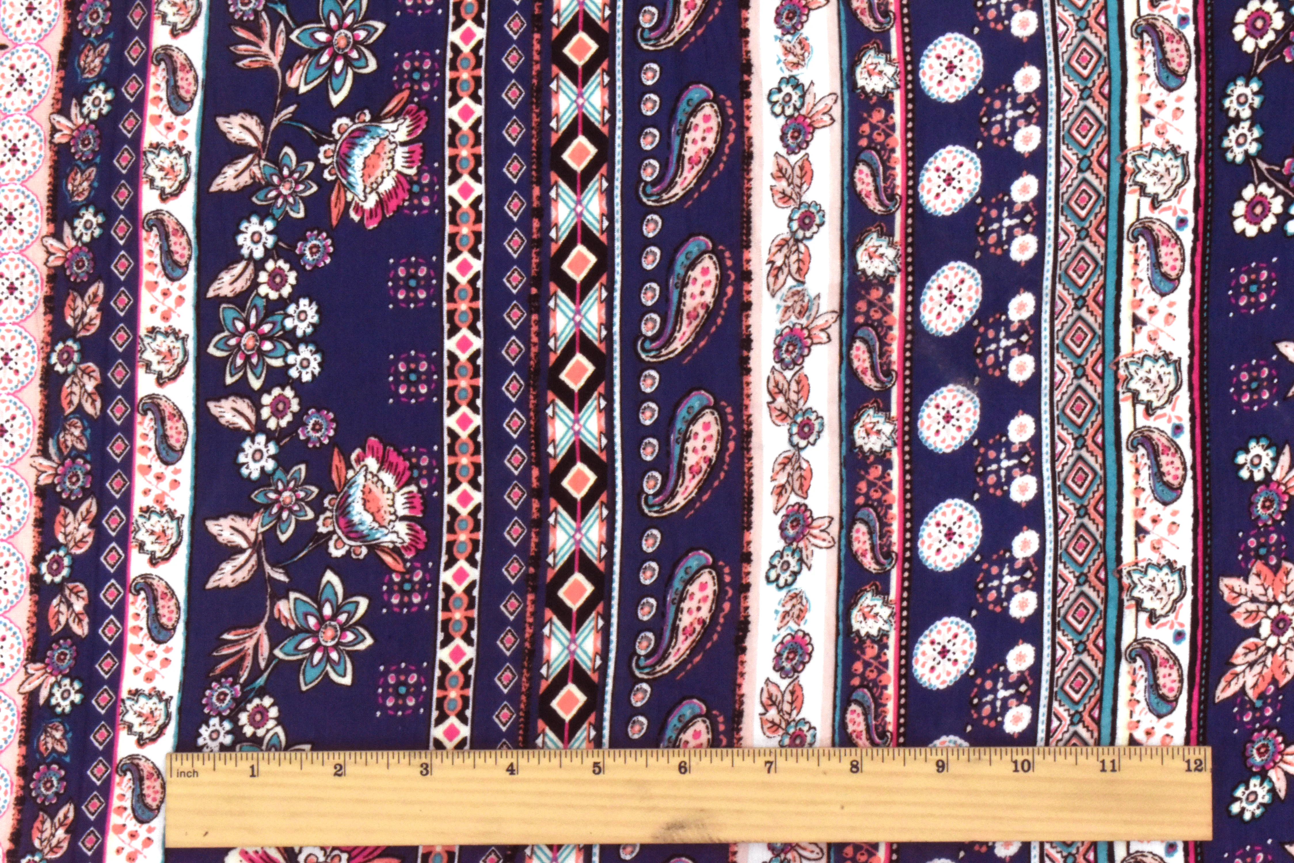 Blue-Multi Striped Floral Paisley Printed Rayon Stretch Jersey Knit Fabric - Image 5