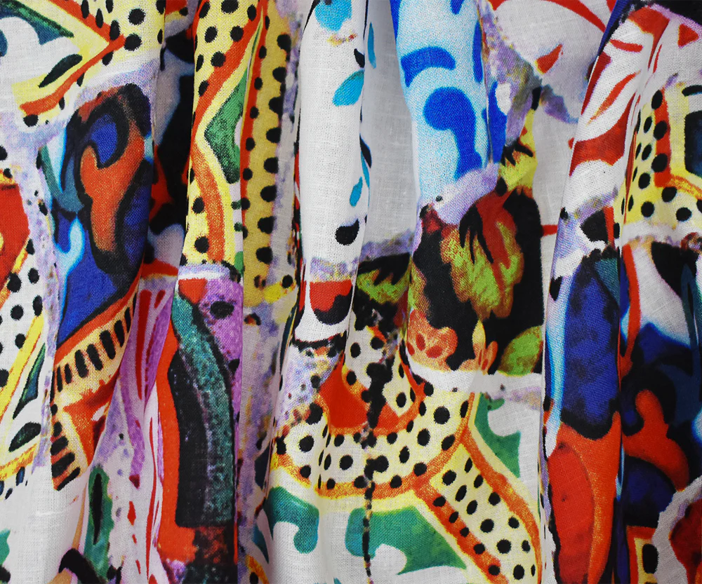 Blue-Orange-Multi Abstract Collage Pattern Printed Linen Woven Fabric - Image 2