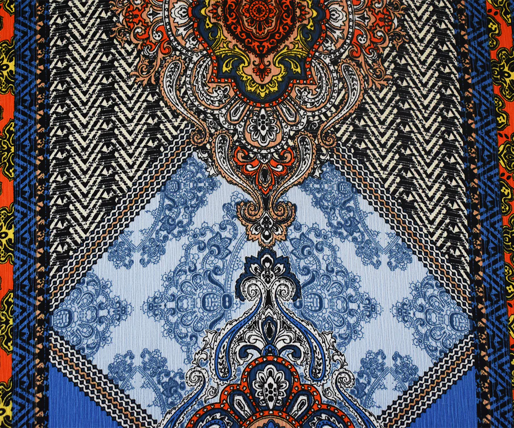 Blue-Orange-Multi Baroque Printed Poly Crepe Georgette Woven Fabric - Image 3