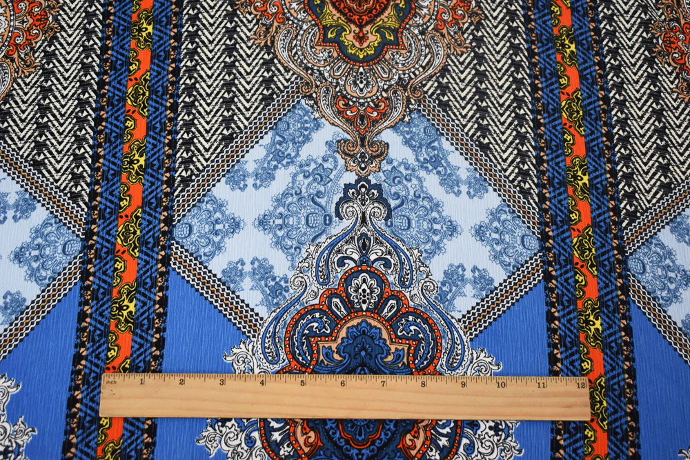 Blue-Orange-Multi Baroque Printed Poly Crepe Georgette Woven Fabric - Image 4