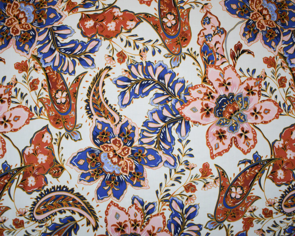Blue-Orange-Multi Cotton-Rayon Floral Printed Lawn Woven Fabric - Image 4