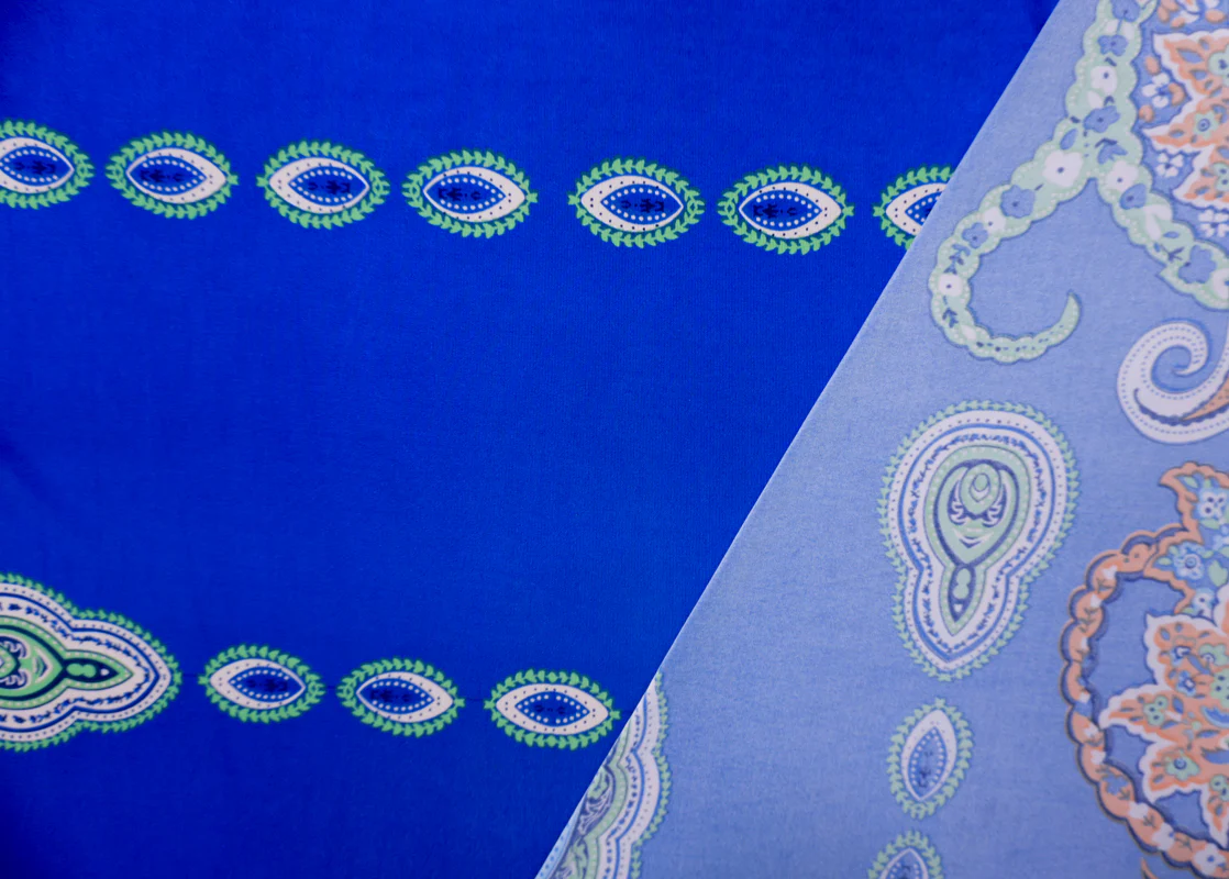 Blue-Orange-Multi Poly Stretch Paisley Border Jersey Knit Fabric - Image 2