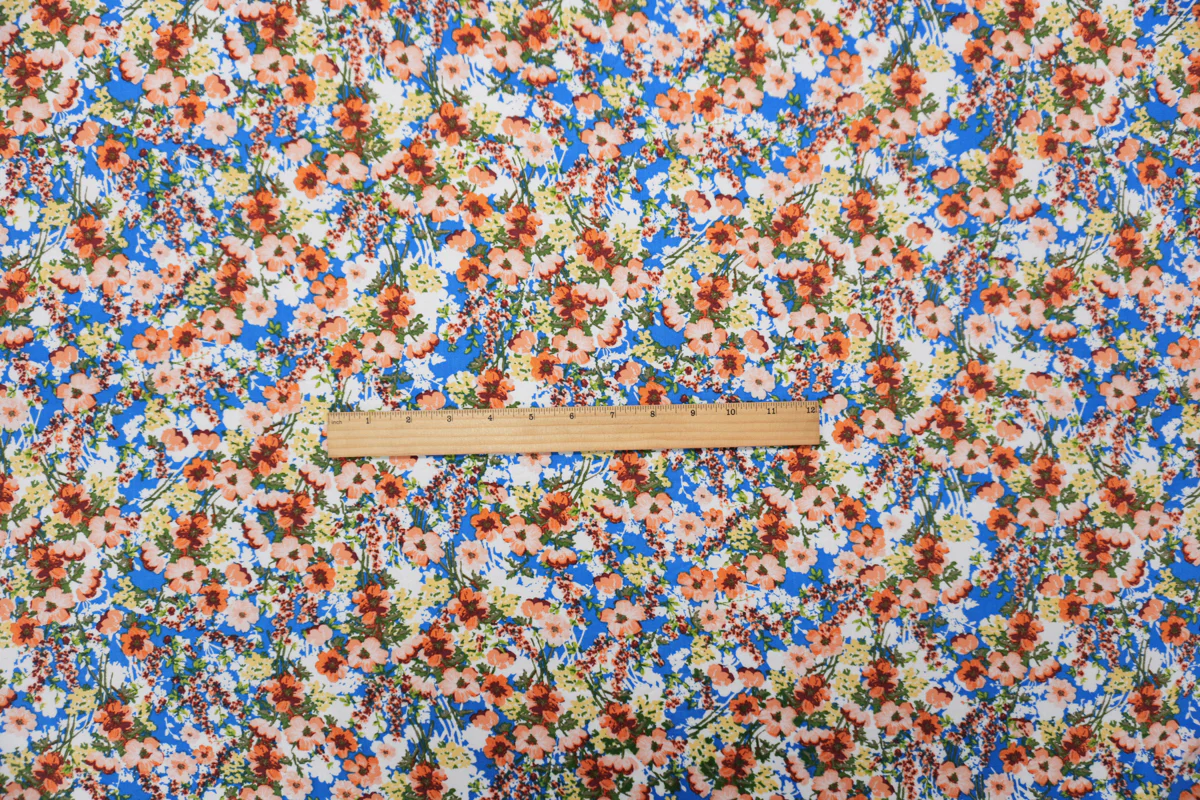 Blue-Orange-Multi Rayon Floral Printed Challis Woven Fabric - Image 4