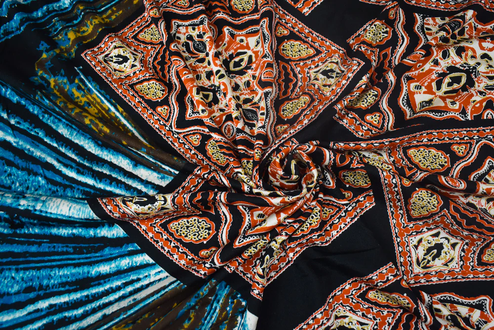 Blue-Orange-Multi Tie Dye Aztec Printed Stretch Silk Jersey Knit Fabric - Image 3