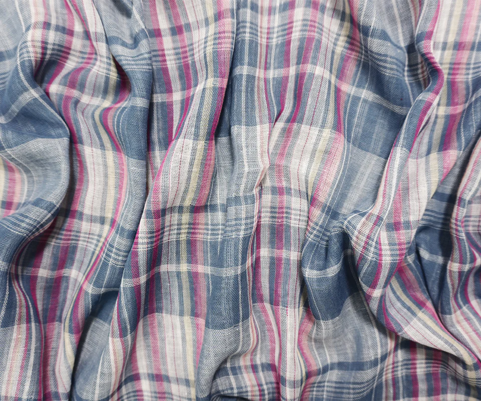 Blue-Pink Famous Maker Cotton Plaid-Stripe Double Gauze Fabric - Image 2