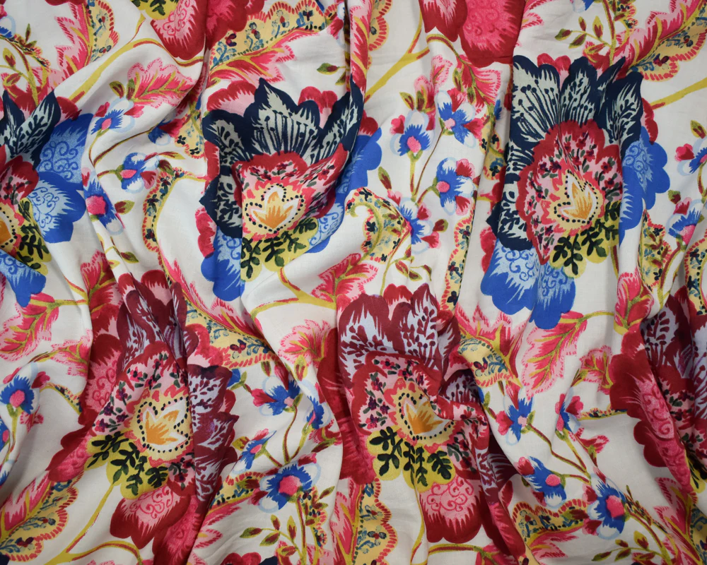 Blue-Pink-Multi Cotton-Rayon Floral Printed Lawn Woven Fabric - Image 4