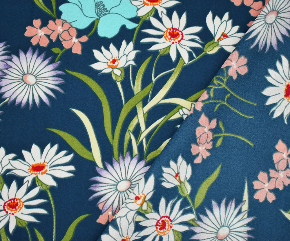 Blue-Pink-Multi Floral Printed Crepe Momie Georgette Woven Fabric - Image 2