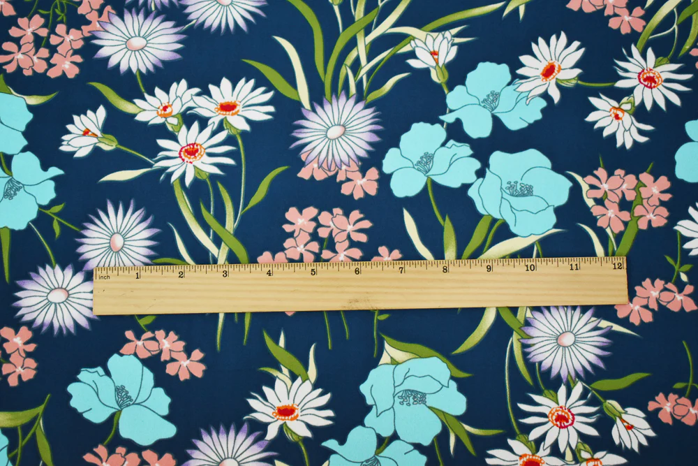 Blue-Pink-Multi Floral Printed Crepe Momie Georgette Woven Fabric - Image 5