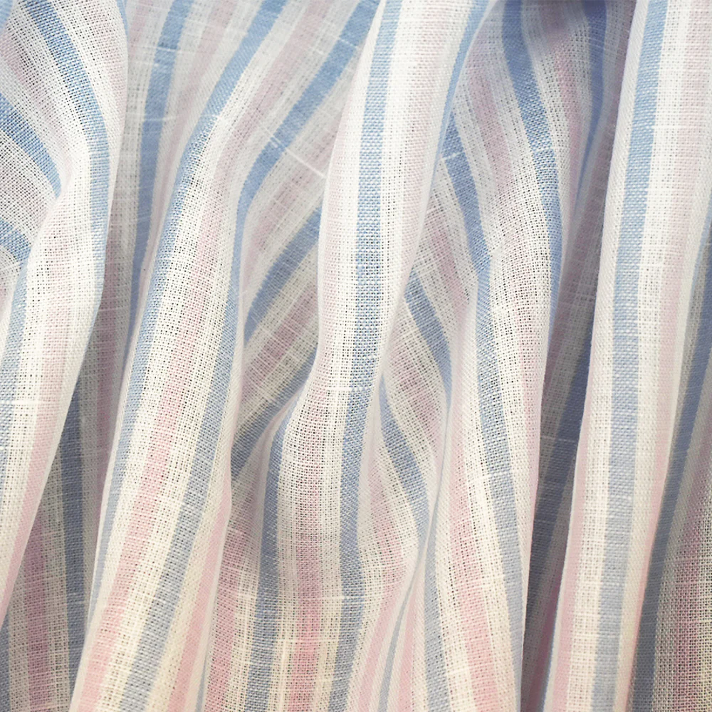 Blue-Pink-White Spence Bryson Stripe Irish Linen Slub Woven Fabric - Image 3