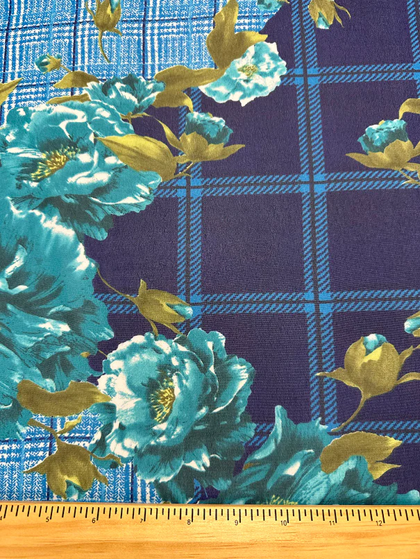 Blue Plaid Floral Print Poly Chiffon Fabric - Image 3