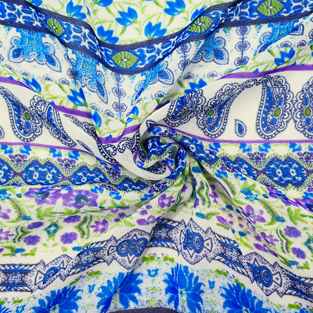 Blue-Purple-Multi Poly Border Floral Printed Chiffon Woven Fabric