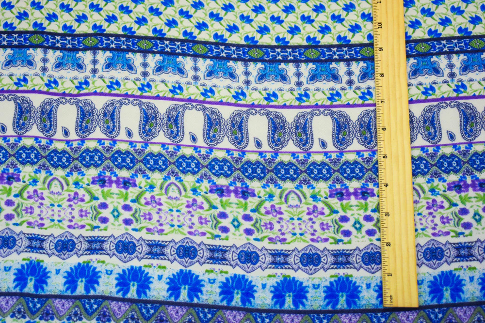 Blue-Purple-Multi Poly Border Floral Printed Chiffon Woven Fabric - Image 4