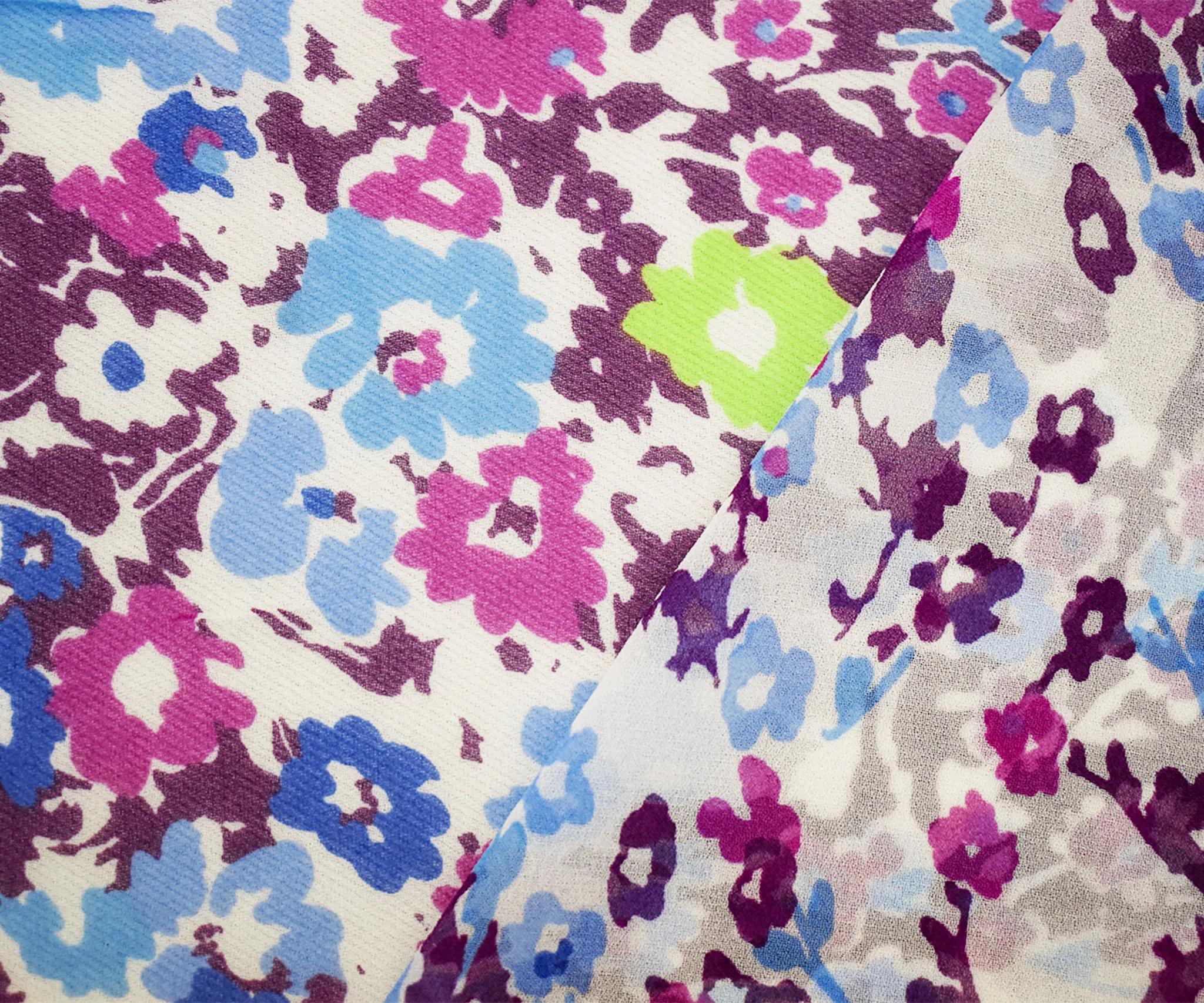 Blue-Purple-Multi Poly Floral Printed Chiffon Woven Fabric - Image 3