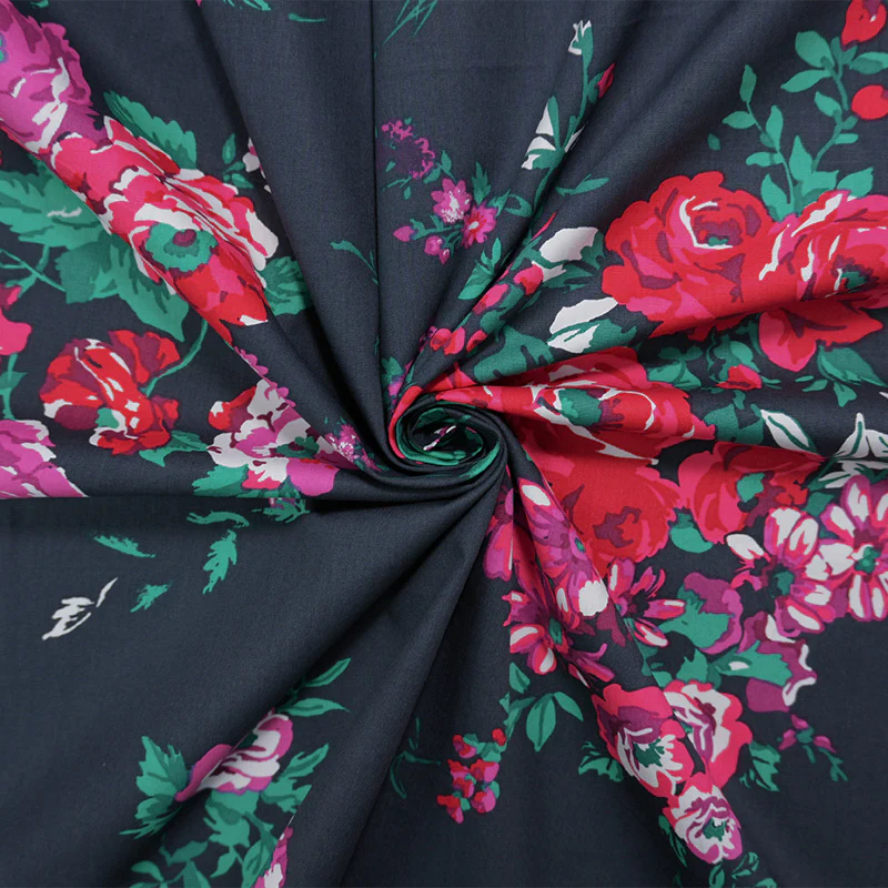 Blue-Red-Multi Cotton Floral Printed Poplin Woven Fabric