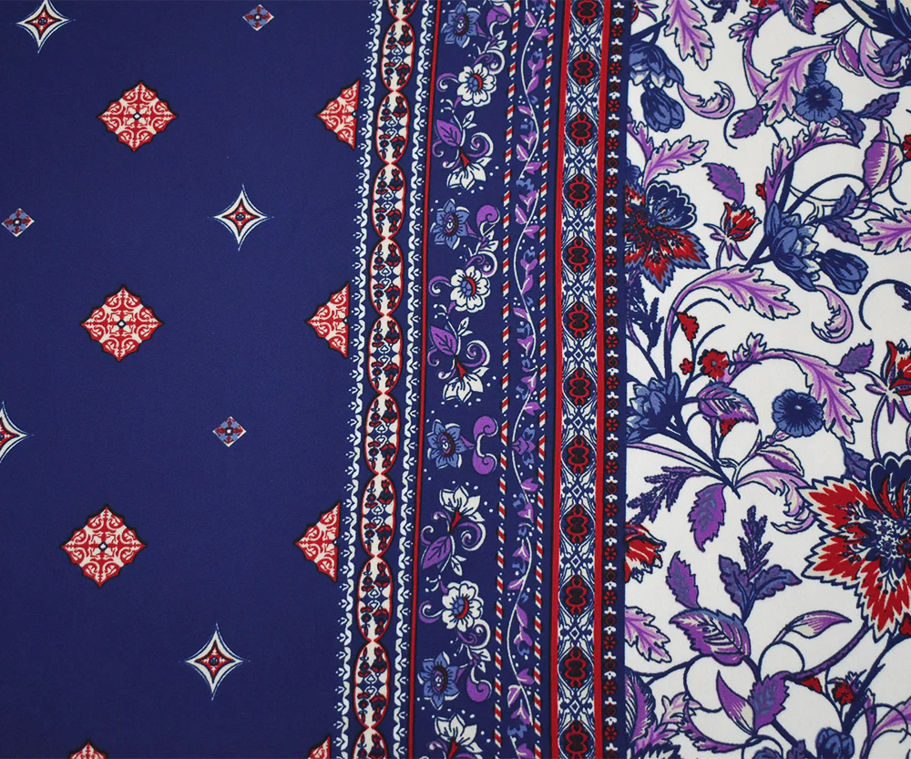 Blue-Red-Multi Floral Border Printed Poly Crepe Momie Georgette Fabric - Image 3