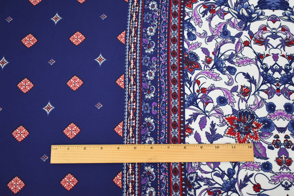 Blue-Red-Multi Floral Border Printed Poly Crepe Momie Georgette Fabric - Image 4