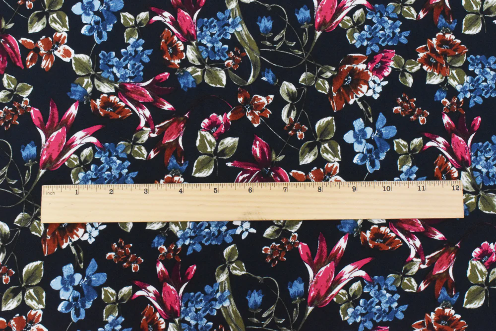 Blue-Red-Multi Floral Printed Poly Georgette Woven Fabric - Image 4