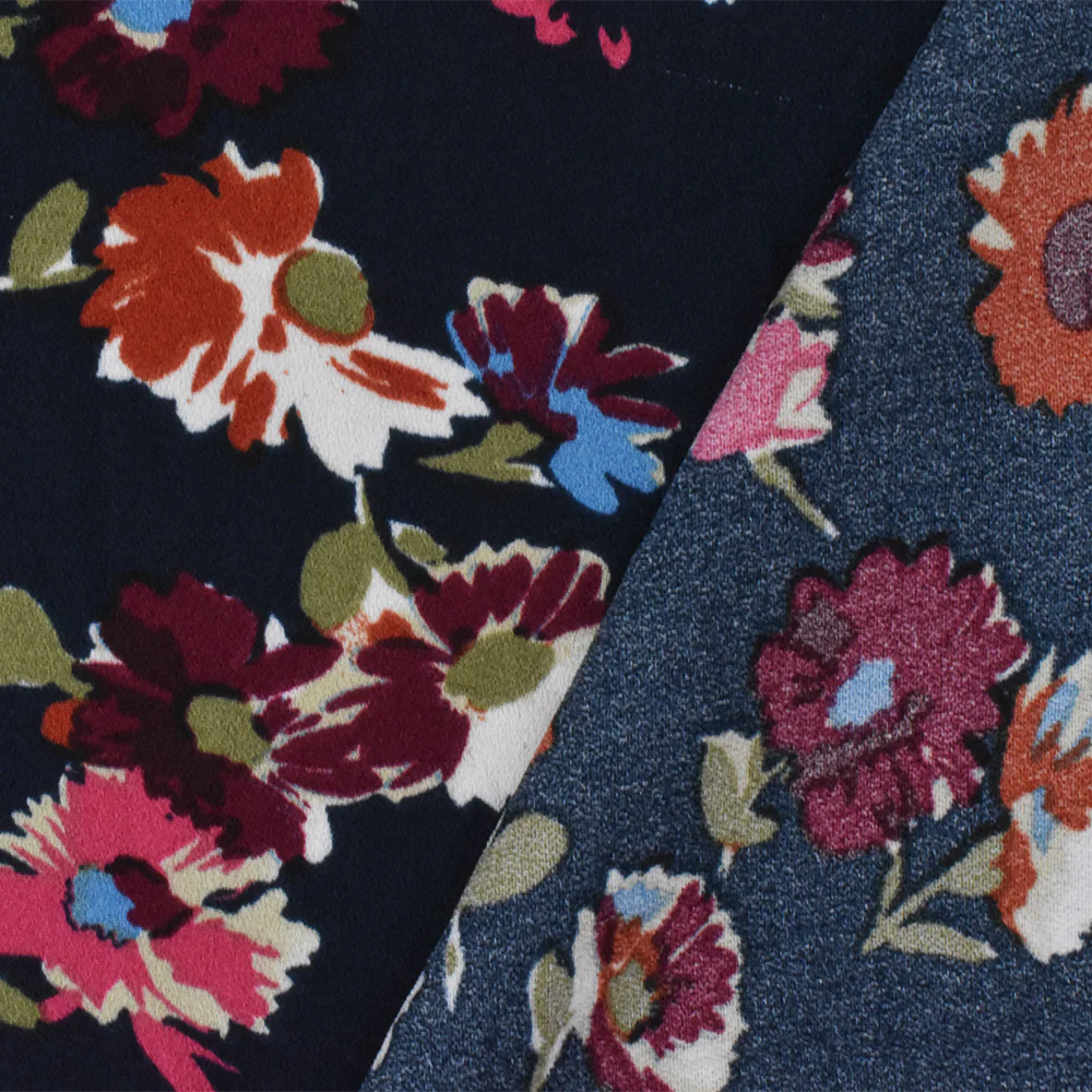 Blue-Red-Multi Floral Printed Poly Momie Woven Fabric - Image 2