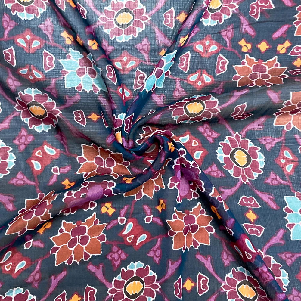 Blue-Red-Multi Poly Floral Printed Crinkle Yoryu Chiffon Woven Fabric