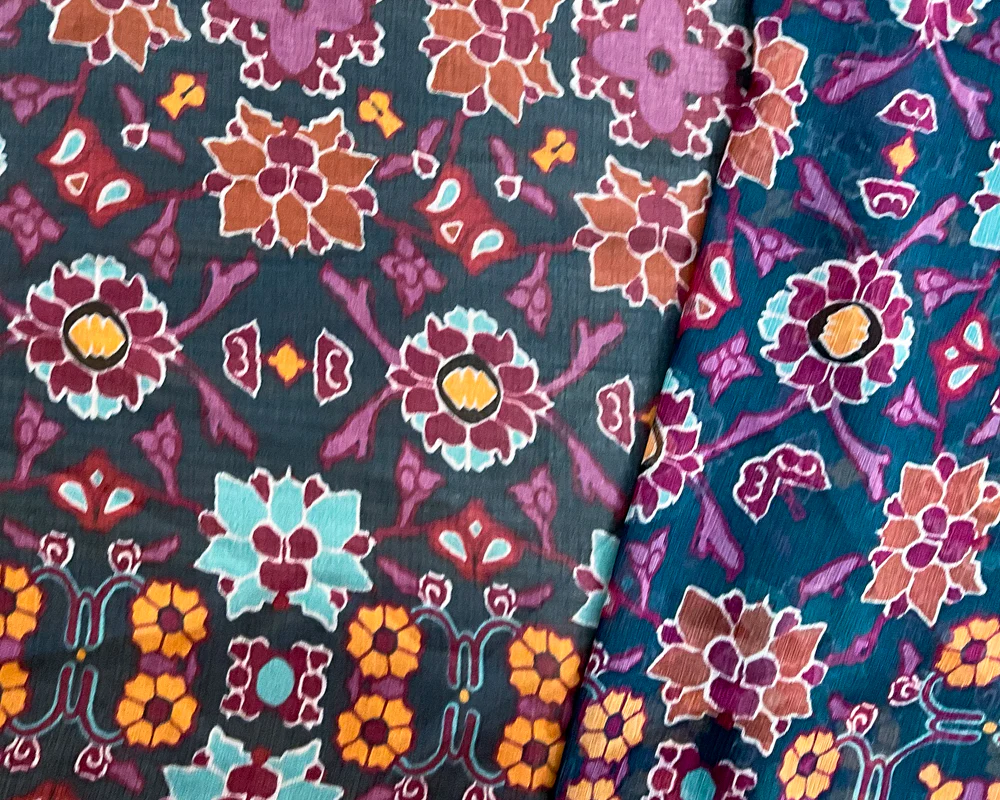 Blue-Red-Multi Poly Floral Printed Crinkle Yoryu Chiffon Woven Fabric - Image 2