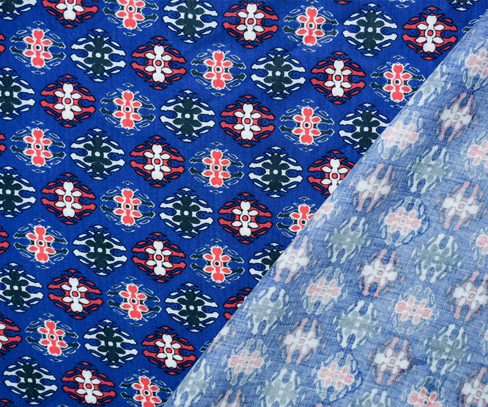 Blue-Red-Multi Rayon Abstract Tile Printed Twill Woven Fabric - Image 2