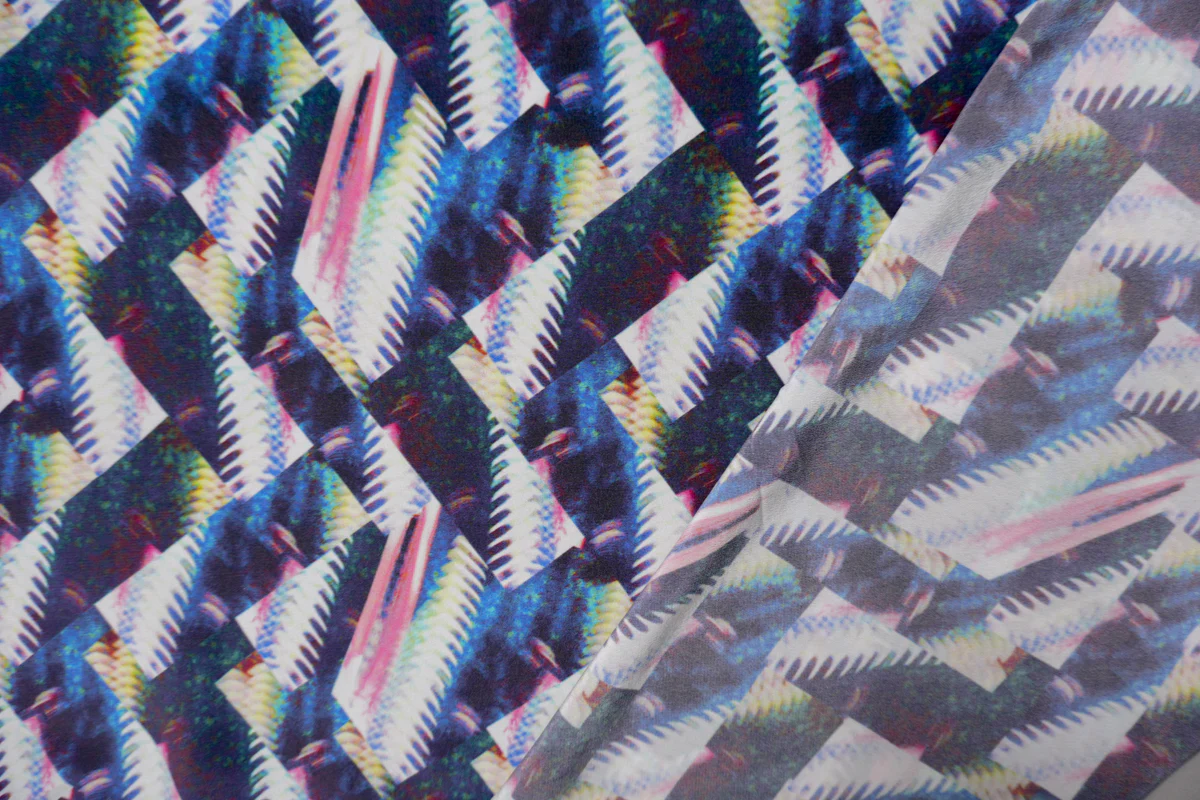 Blue Silk Abstract Fragment Printed Matte Crepe De Chine Fabric - Image 2