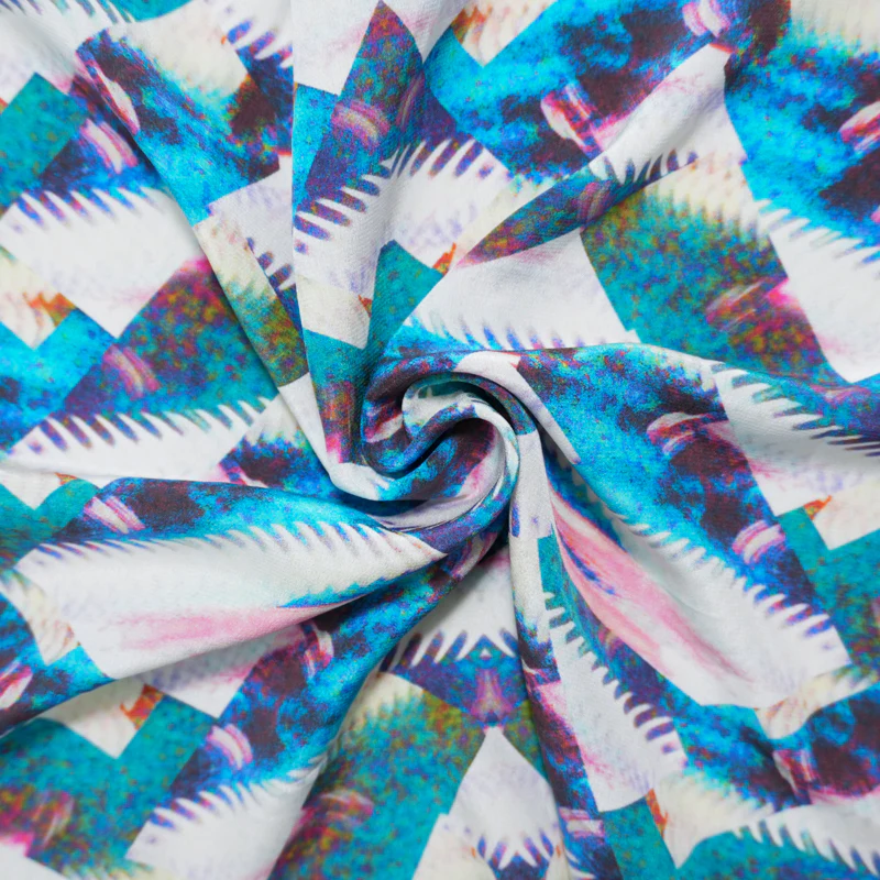 Blue Silk Abstract Fragments Printed Crepe De Chine Woven Fabric