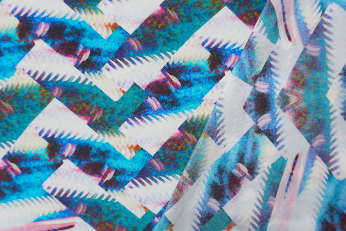 Blue Silk Abstract Fragments Printed Crepe De Chine Woven Fabric - Image 2
