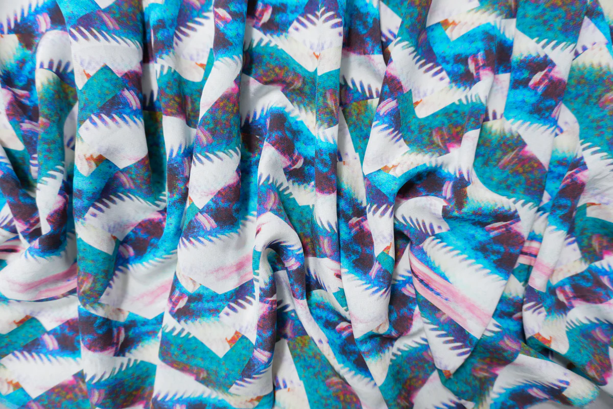 Blue Silk Abstract Fragments Printed Crepe De Chine Woven Fabric - Image 3