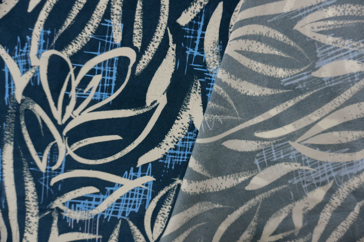 Blue Silk Abstract Leaves Printed Crepe De Chine Woven Fabric - Image 2
