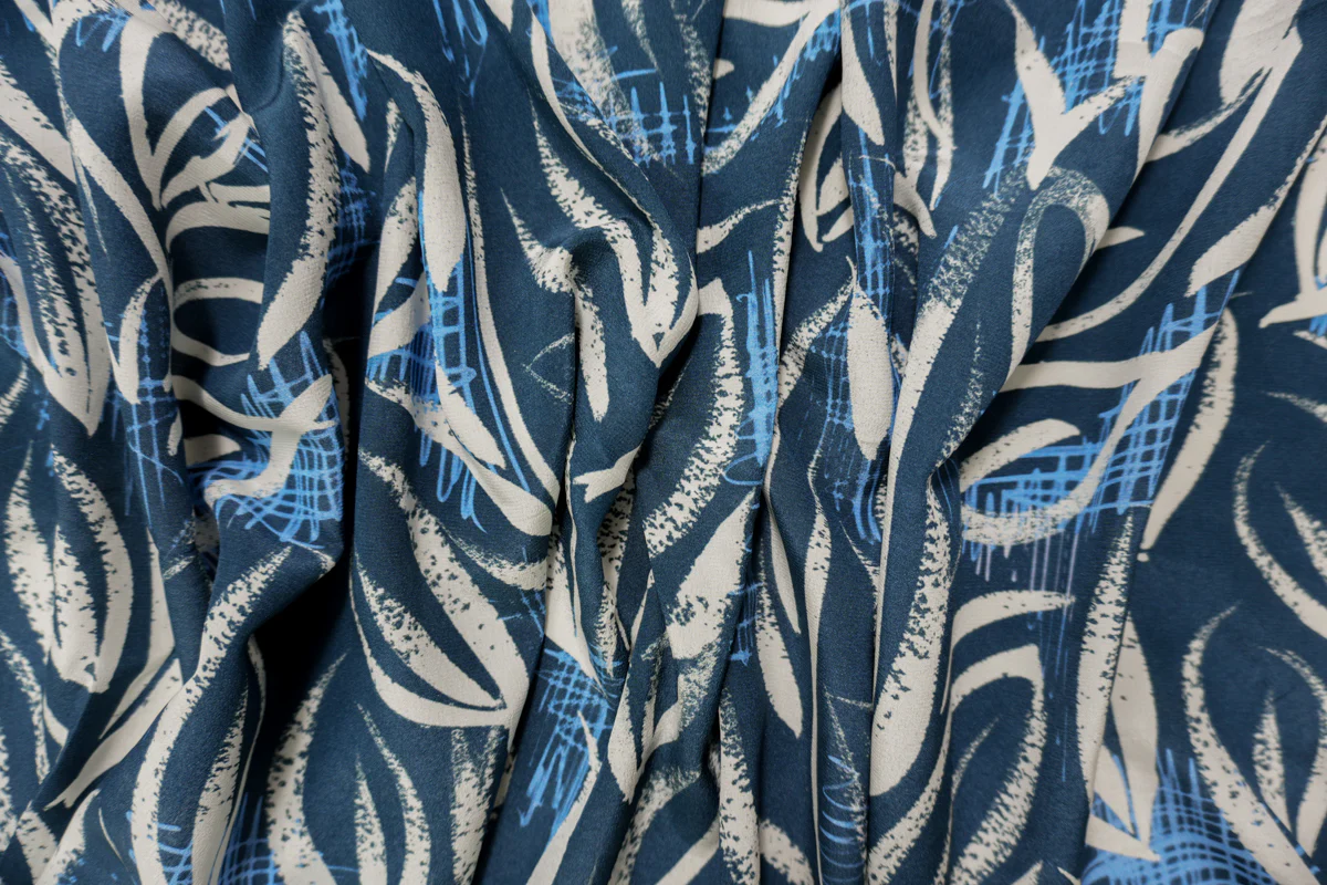 Blue Silk Abstract Leaves Printed Crepe De Chine Woven Fabric - Image 3