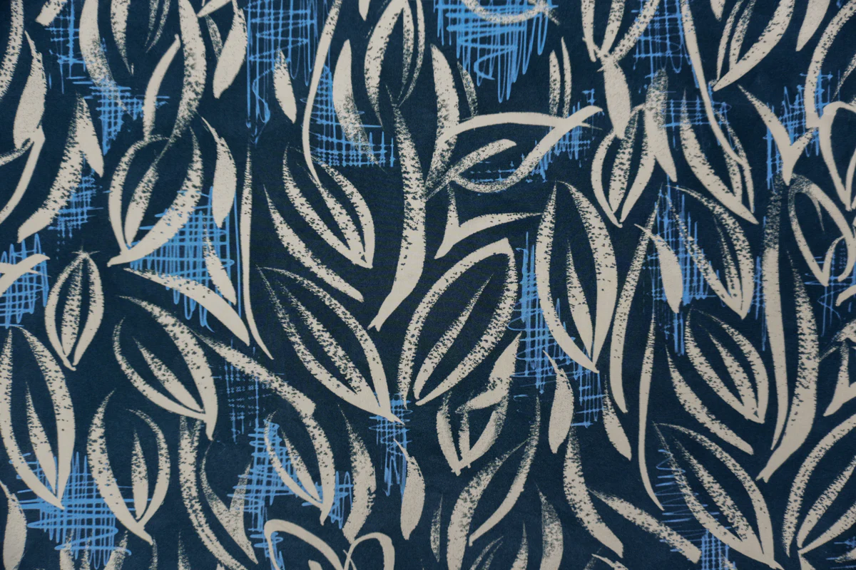 Blue Silk Abstract Leaves Printed Crepe De Chine Woven Fabric - Image 4