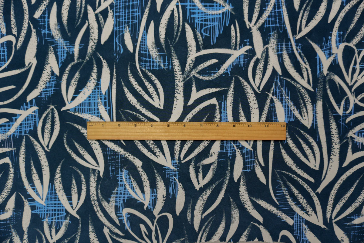 Blue Silk Abstract Leaves Printed Crepe De Chine Woven Fabric - Image 5