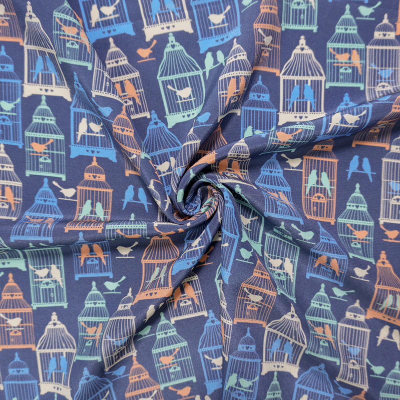 Blue Silk Birdcage Printed Crepe De Chine Woven Fabric