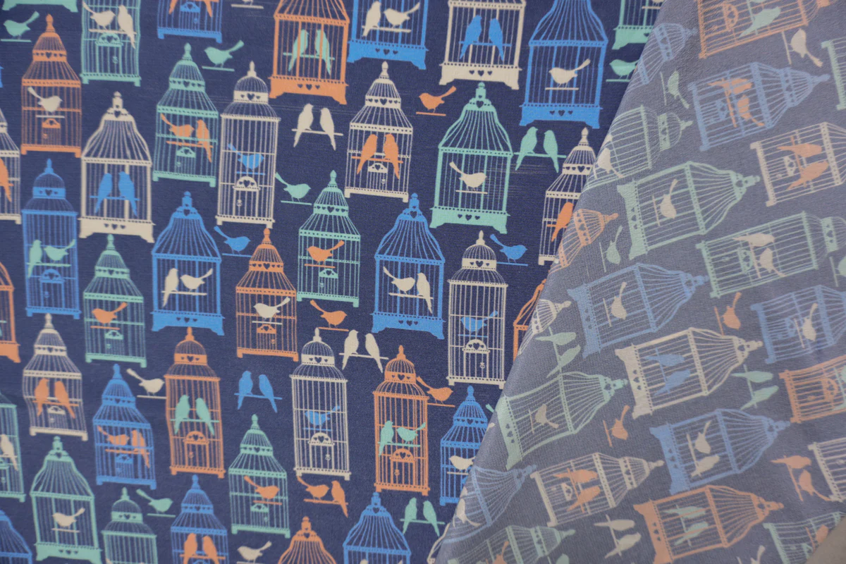 Blue Silk Birdcage Printed Crepe De Chine Woven Fabric - Image 2