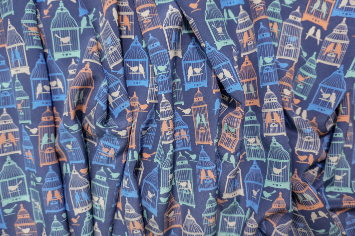 Blue Silk Birdcage Printed Crepe De Chine Woven Fabric - Image 3