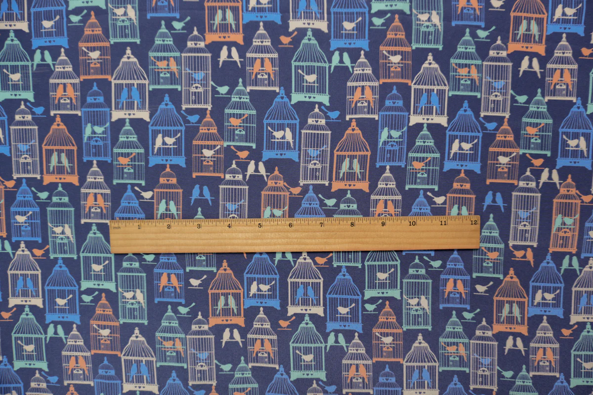 Blue Silk Birdcage Printed Crepe De Chine Woven Fabric - Image 5