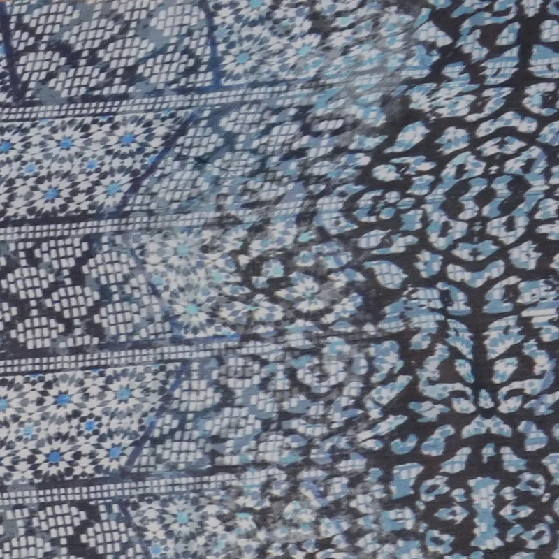 Blue Silk Geometric Border Printed Chiffon Woven Fabric